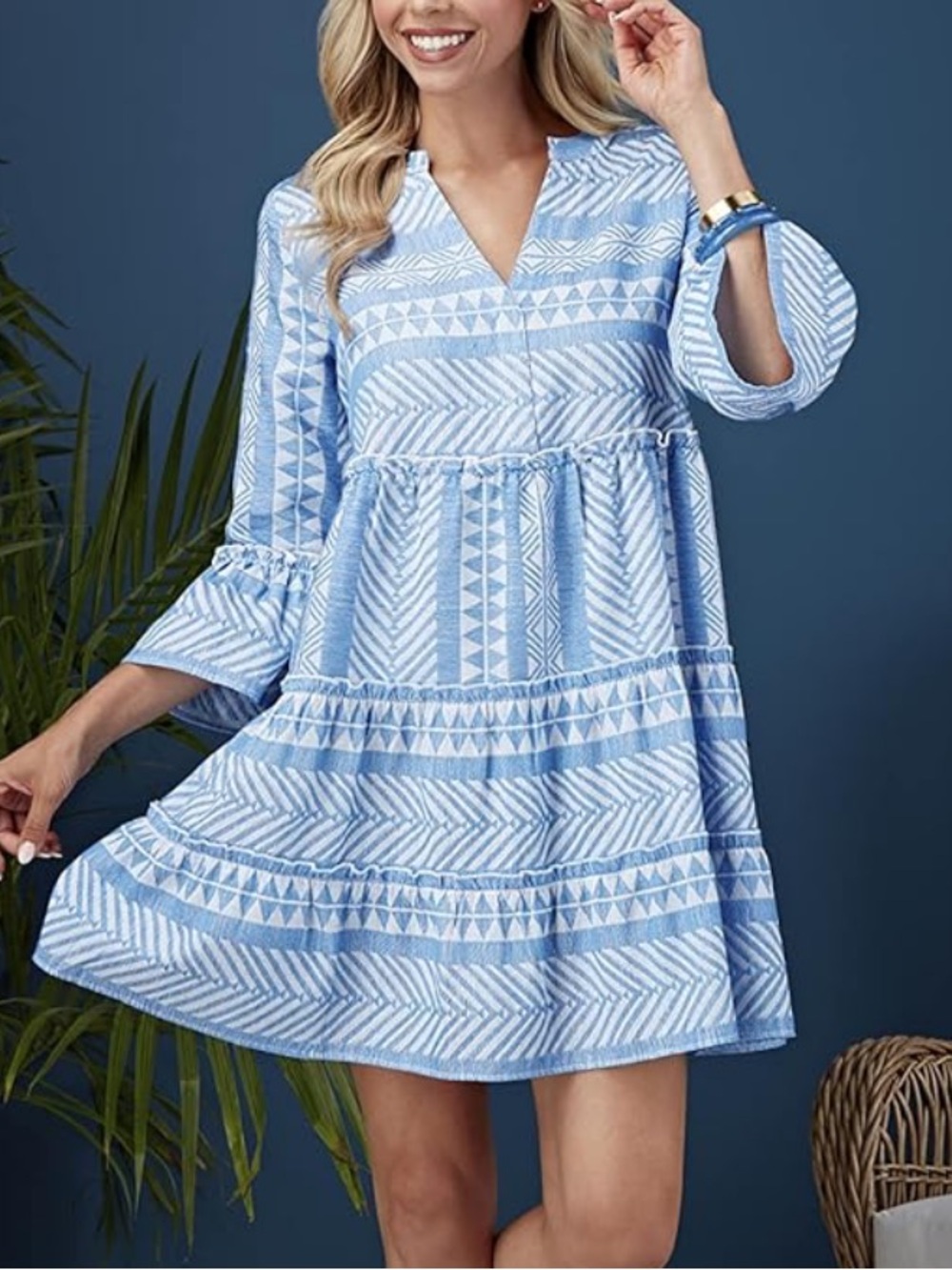Mud Pie Blue and White Patterned Midi Tunic Dress